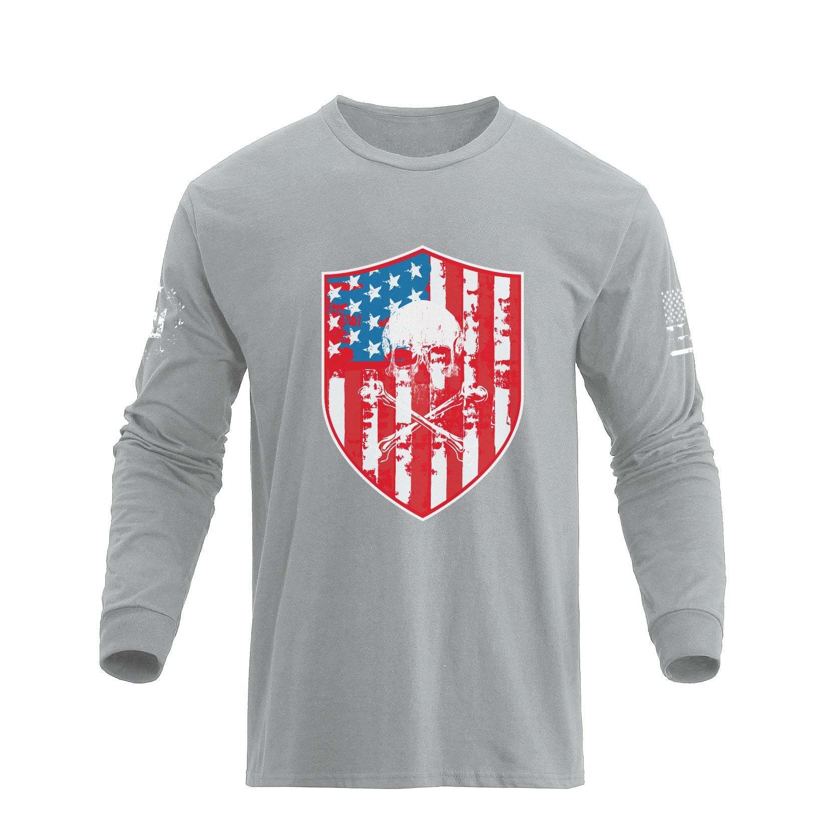 Men's American Flag Shield with Skull Long Sleeve Graphic T-Shirt - Image 9